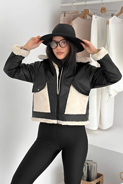 İLKCET MODA Γυναικείο μπουφάν με λούτρινο γούνινο λεπτομέρεια και τσέπες