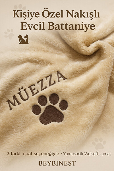 BeybiNest İsimli Nakış İşlemeli Kedi Köpek Battaniyesi Welsoft Peluş Kumaş SU...