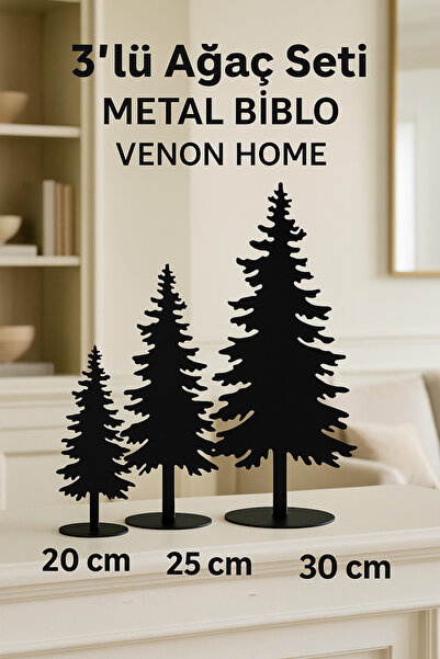 VENON 3 Boy Yılbaşı 3.lü Çam Ağaç SİYAH Metal Lazer Ağaç Dekor Seti Biblo Dek...