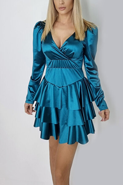 FashionForYou Rochie satinata Claire, cu volane si maneci lungi usor bufante, Albastru metalic