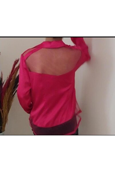 Dagü Design Kadın Metal Düğmeli Organize Tül Detaylı Pembe Saten Gömlek