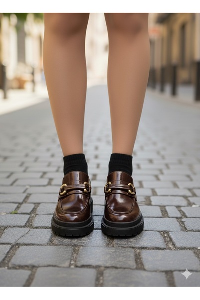 diya shoes Barbare Women's Black Patent Leather Thick Sole Buckle Loafer Shoes