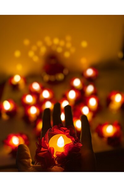 Muensu 12 Adet Bordo Lazer Çiçekli Led Mum, Tea Light, Üç Boyutlu Ledli El Mum, Düğmeli, Işıklı