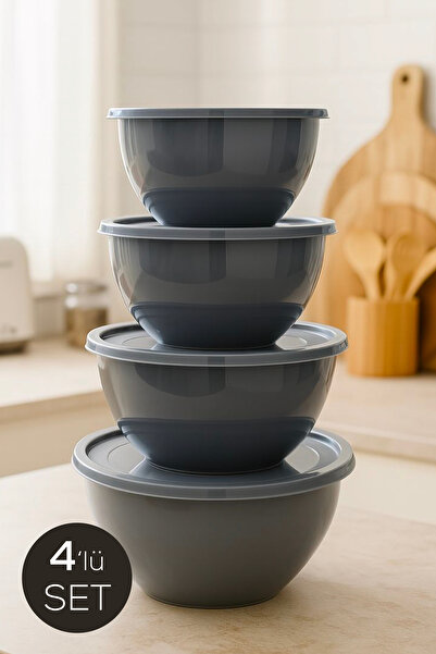 Vienev 4’lü Yuvarlak Kase Seti Antrasit | 1l, 1.5l, 2.3l, 3.3l | Kapaklı Çok Amaçlı Mutfak Saklama Kabı
