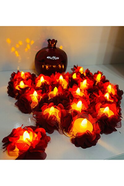 Muensu 12 Adet Bordo Lazer Çiçekli Led Mum, Tea Light, Üç Boyutlu Ledli El Mum, Düğmeli, Işıklı