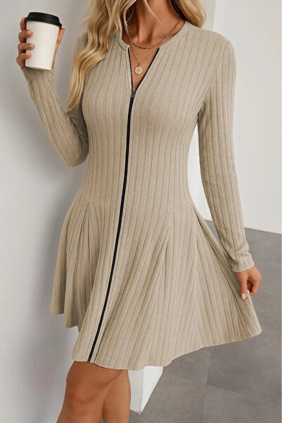 Butik Women's Long Sleeve Front Zipper Pleated Ruched Camisole Mini Dress