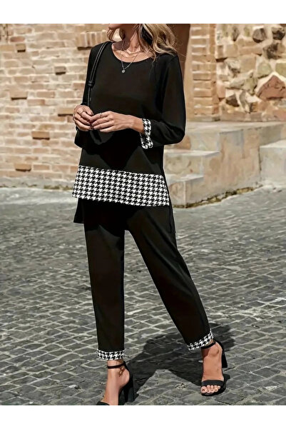 ARONA Women's Long Sleeve Round Neck Goose Feet Detailed Viscose Two Thread Blouse and Pants Two-Piece Set