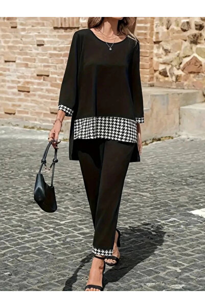 ARONA Women's Long Sleeve Round Neck Goose Feet Detailed Viscose Two Thread Blouse and Pants Two-Piece Set