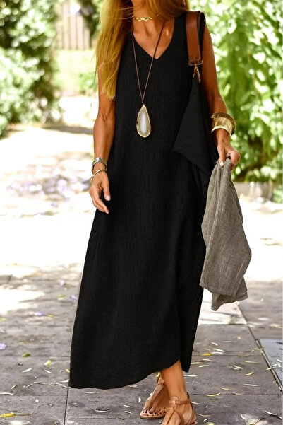 Genel Markalar Kadın Kolsuz V Yakalı Maksi Boy Ithal Keten Elbise