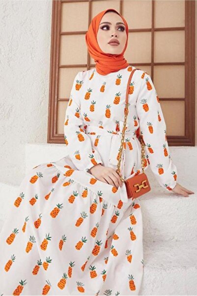 TRENDTESETTÜR KADIN TURUNCU (ORANJ) ANANAS DESENLİ KUŞAKLI ELBİSE T 714