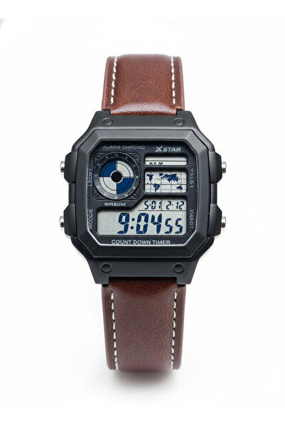 MACON Men’s Digital Sports Watch, Black Square Dial, Brown Leather Strap, Alarm, Stopwatch