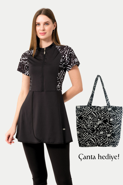 İYİBU Γυναικείο μαύρο κοντομάνικο ημι-καλυμμένο μαγιό 4 τεμαχίων – Αδιάβροχο ελαστικό