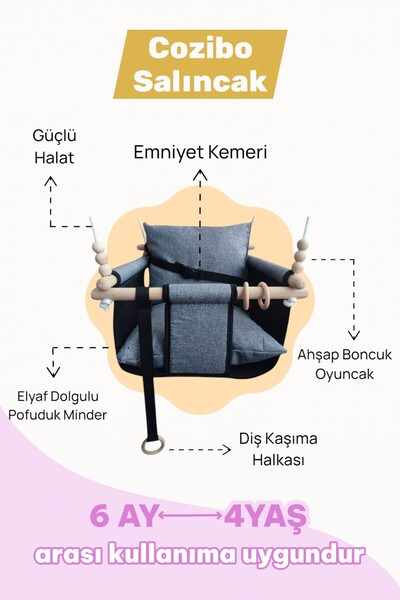 Cozibo Emniyet Kemerli Çocuk Salıncak Ahşap Bahçe Salıncağı Hamak Tavan Ev Salıncağı