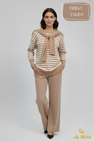 AYMELEK Women's Knitwear Trouser Set Striped Scarf Detailed Crew Neck Set