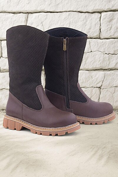 Rakerplus Hakiki Deri Kahverengi Fermuarlı Uzun Kız Çocuk Çizme