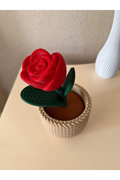 Florya Studyo زهرة حمراء مزخرفة بطباعة ثلاثية الأبعاد أزرق بلون الكوبالت – نب...