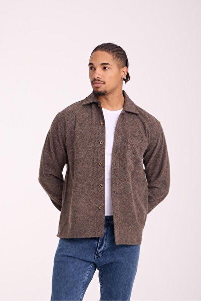 Valiberta Frankel Kaşe Kumaş Tek Cepli Relaxed Fit Erkek Gömlek - Koyu Bej