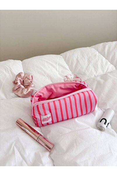 girlsybags Pembe Çizgili Tek Gözlü Kalemlik Sıvı Geçirmez Yıkanabilir Fermuarlı Okul Kalem Kutusu