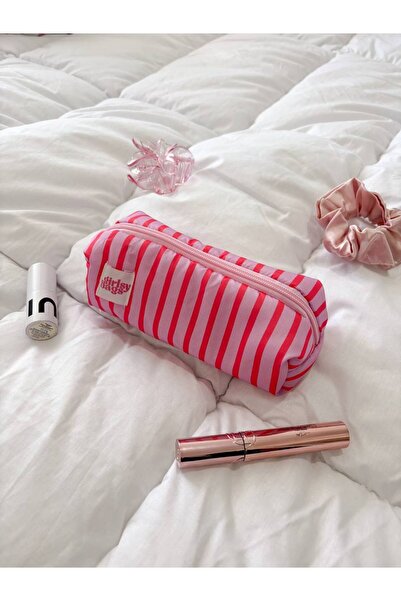 girlsybags Pembe Çizgili Tek Gözlü Kalemlik Sıvı Geçirmez Yıkanabilir Fermuarlı Okul Kalem Kutusu