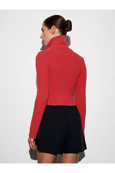 Dilvin 10299 Kamyoner Yaka Fitilli Kısa Kazak-kırmızı