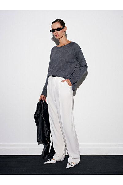 Dilvin 10557 Crew Neck Glitter Knit Sweater-Smoked