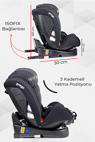 Prego 4088 Strong Fix 0-36 kg Isofix'li Oto Koltuğu Füme - 360° Dönebilen Strongfix