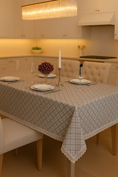 Rona Home Față de masă de lux gri cu detalii din dantelă, cu model elegant, țesătură impermeabilă, decor elegant pentru vesela