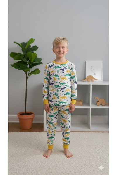 ROSAMİNA Boy's 100% Cotton Animal Patterned White Color Pajama Set