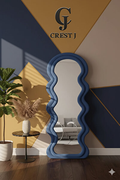 Crestj مرآة أرضية معدنية كاملة الطول بتصميم خشبي 160×60 سم، زرقاء