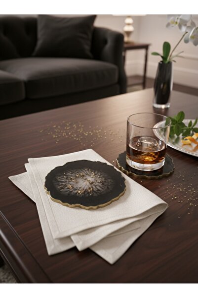 BG CONCEPT Siyah Gold Detaylı Epoksi Bardak Altlığı 2'li Set - 13 cm