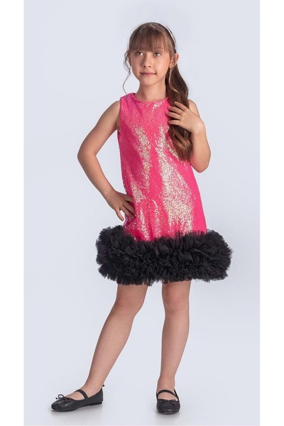 Mnk Baby&Kids Βραδινό φόρεμα για παιδιά για ειδική περίσταση με παγιέτες İfestos Crown Tutu M00743 ΦΟΥΚΣΙΑ
