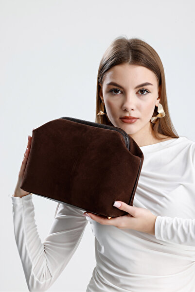 HEYBE'S Heybes Kadın Koyu Kahve Süet Clutch El Çantası Şık Zarif Ve Minimalist Kullanışlı Tasarım