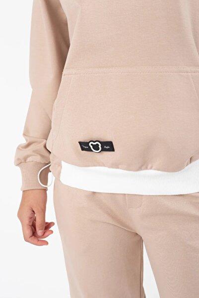 Mnk Baby&Kids Girl's Kangaroo Pocket Daily Tracksuit Set with Elastic Waist Detail M00754 Beige