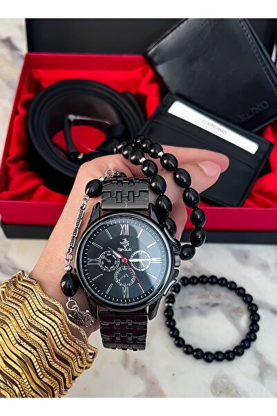 S.POLO Erkek Saat Kombin Set Cüzdan Kartlık Kemer Tespih Lüx Deri Kutu