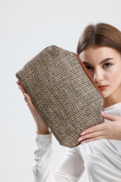 HEYBE'S Heybes Kadın Kahve Biyeli Çizgili Jüt Hasır Clutch El Çantası