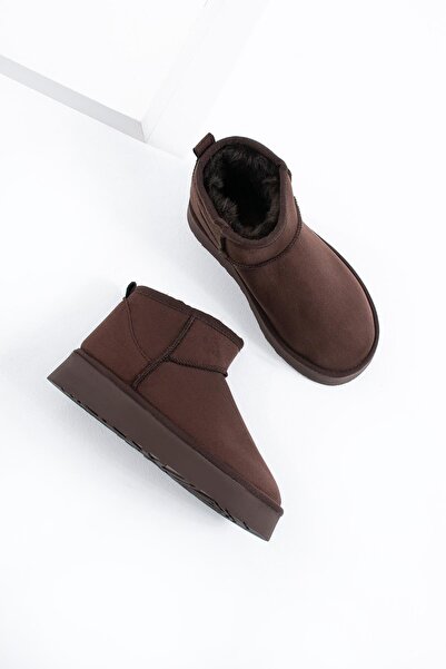 Moda Pie Poofy Kalın Taban İçi Kürklü Kadın Bot Kahve Süet