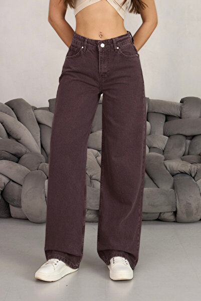 BİKELİFE Γυναικείο καφέ ψηλόμεσο φαρδύ τζιν παντελόνι