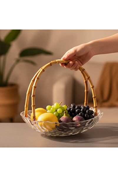 FAIR HOME سلة زجاجية مستطيلة كبيرة الحجم بمقبض من الخيزران - عرض تقديمي - وعاء فواكه