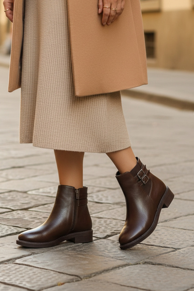 Limeo Дамски боти с нисък ток, страничен цип и двойна катарама в цвят тъмно кафе