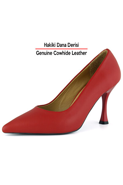 Erkan Saçmacı Suzanna Red Genuine Cowhide Leather Pointed Toe Classic Thin Heels Shoes