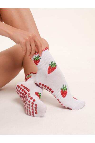 PS Girls Șosete de yoga Pilates-Șosete anti-alunecare cu talpă roșie-Șosete Milkshake cu căpșuni