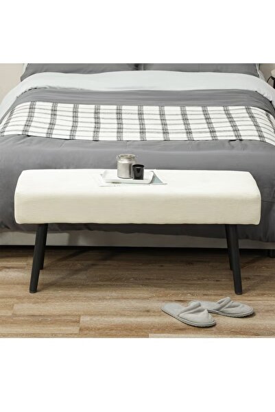 ESMART Modern Design Velvet Upholstered Ottoman Bench, Steel legs , Off-White - 100L x 45H x 36D x 13T cm