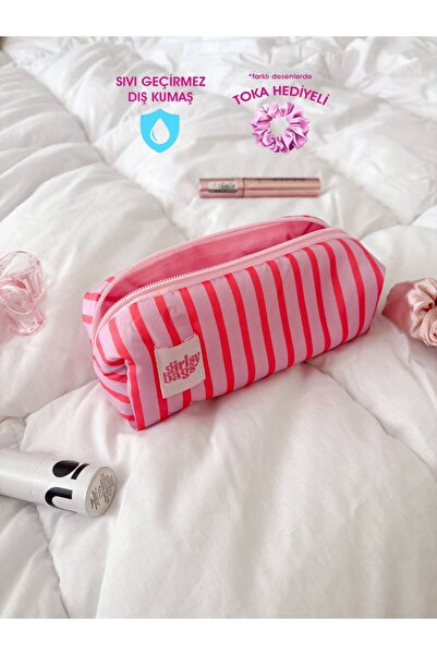 girlsybags Pembe Çizgili Tek Gözlü Kalemlik Sıvı Geçirmez Yıkanabilir Fermuarlı Okul Kalem Kutusu