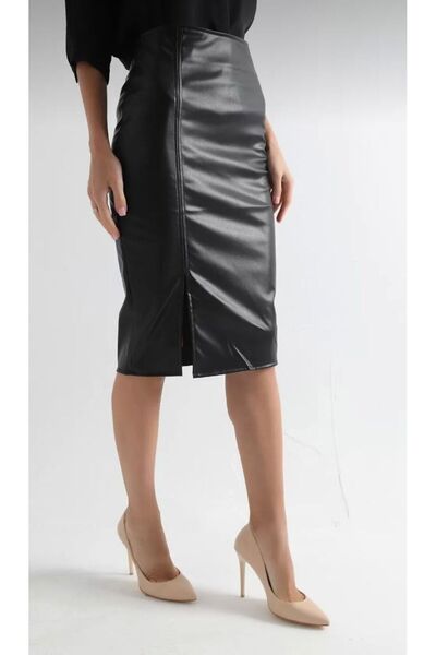 IŞILDA Dámské oblečení Černá mini štěrbinová kožená tužková sukně