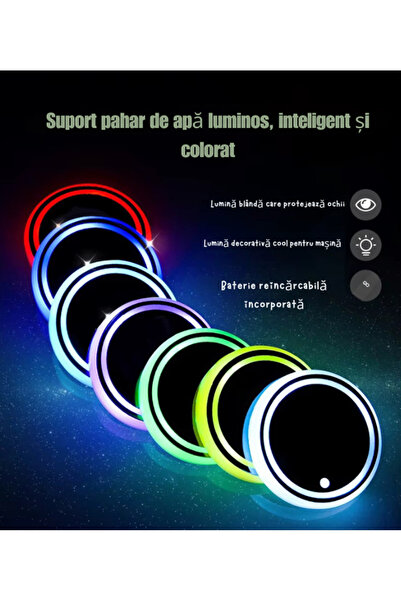FITUNIVERSAL Set de 2 suporturi pentru băuturi cu LED - 7 culori, încărcare USB, buton pornit/oprit