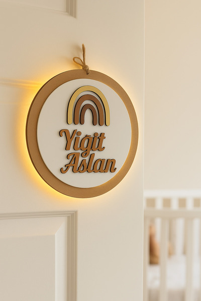ARSERGROUP Kişiye Özel Rainbow Işıklı Bebek Ve Çocuk Odası Kapı Süsü Ahşap Isimlik Bebek Kapı Süsü