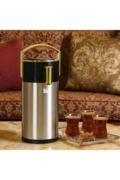 ALSAIF Riva pressure thermos, 1.9 liters, silver color with golden handle