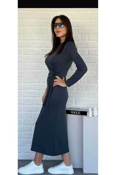 Femistik Kadın Bağlama Detaylı Regular Uzun Modal Antrasit Elbise