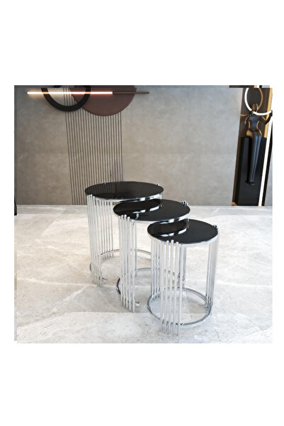 Lion Demonte 3lü Temperli Cam Metal Ayaklı Zigon Sehpa