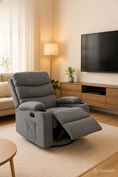 MARIA HOMES Gray Recliner Chair with Cup Holders – Soft Fabric, Swivel & Recline